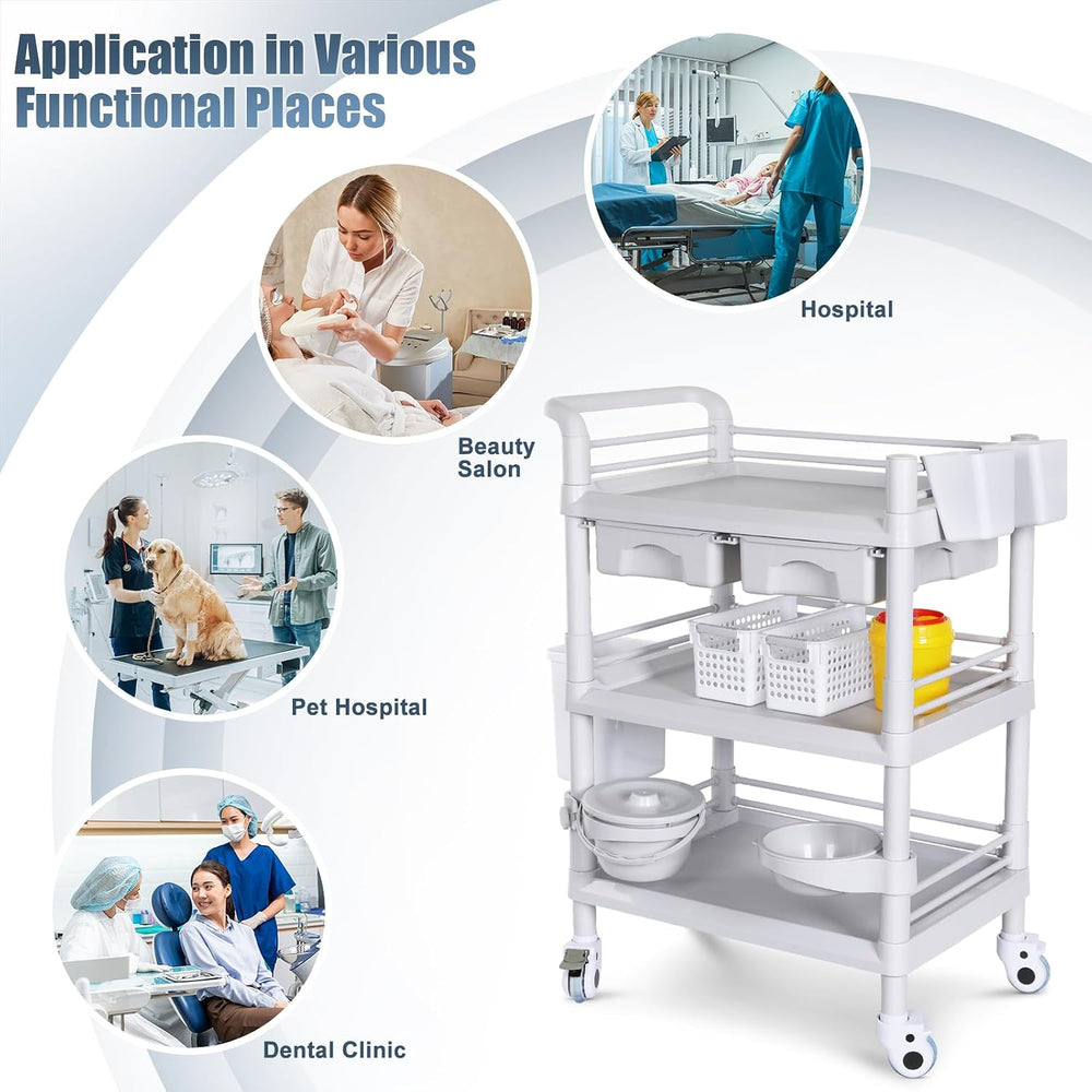 Mobile Medical Cart 3-Tier Professional Utility Cart 330 LBS Max Load