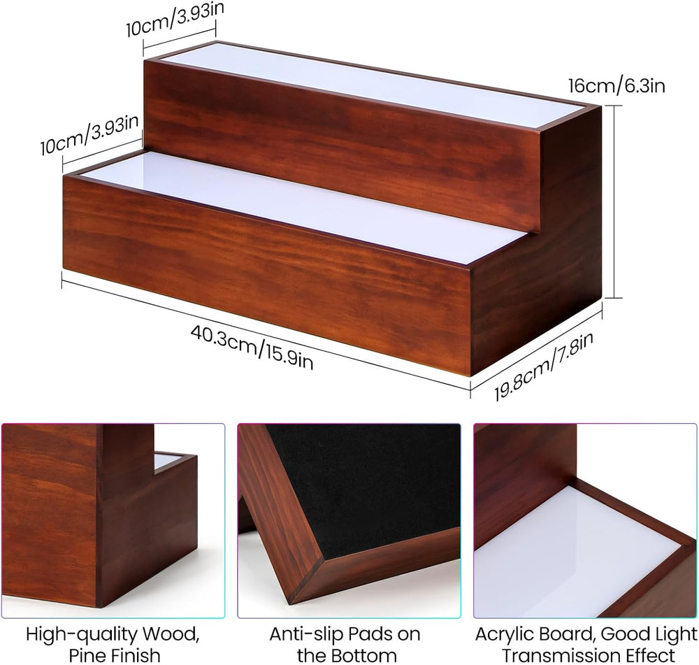2 Pack LED Liquor Bottle Display Shelf , 2 Tier Real Wood Bar Shelves for Liq...