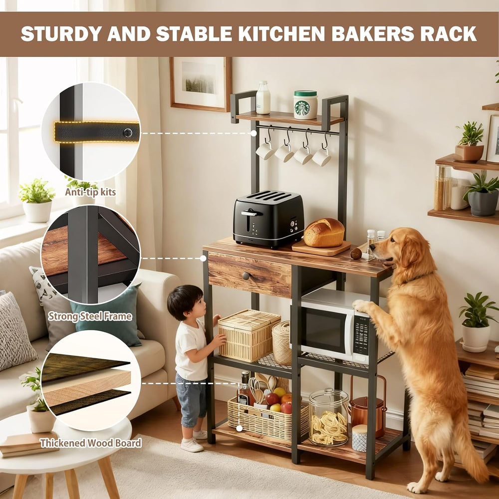 Kitchen Bakers Rack with Drawer,6 Tier Microwave Stand with Hooks