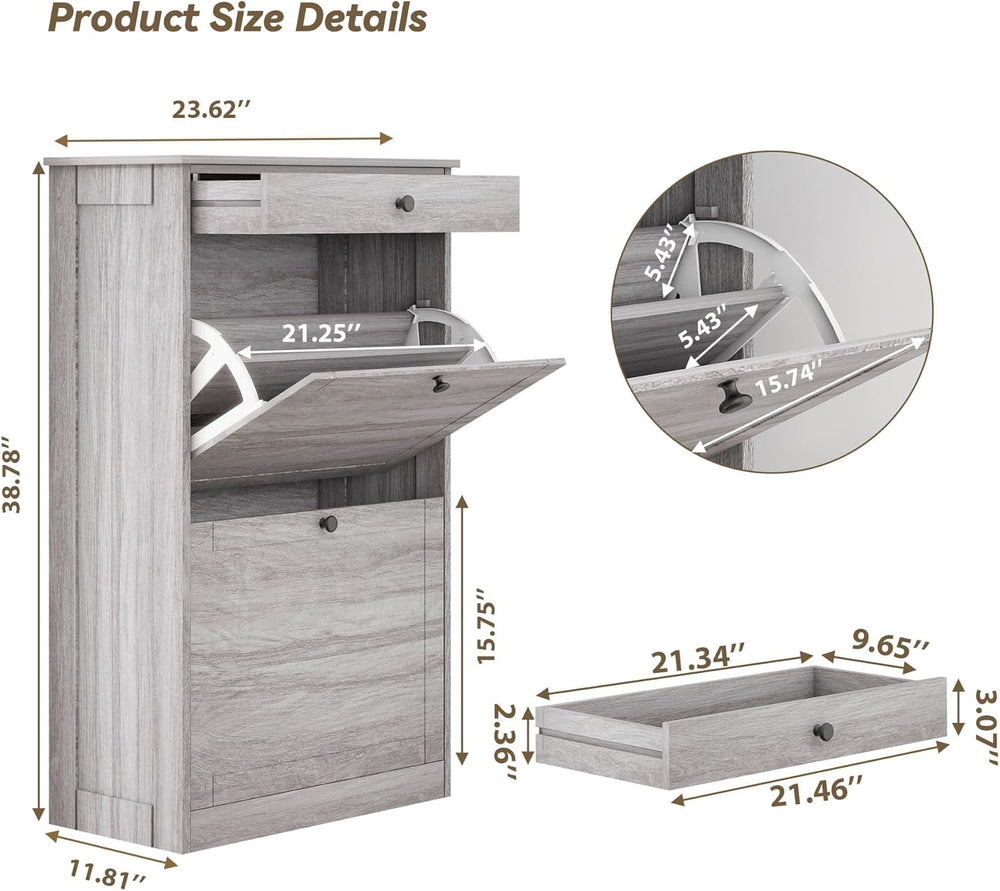 FTZxHKLX Shoe Rack Cabinet 2 Flip Drawers, Entryway Shoe Storage, Wash Grey