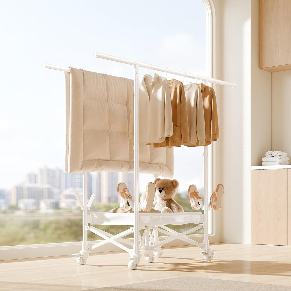 SUJI Foldable Clothes Drying Rack with Wheels & Shoe Rack, White
