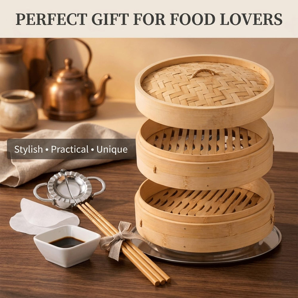 Bamboo Steamer Basket 10 Inch, 2-Tier Dumpling Steamer for Bao Buns, Dim Sum,...