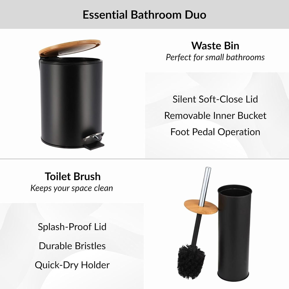 Bathroom Set w/Bamboo Lid, Metal Trash Can & Toilet Brush, 2.5L Bin, Black