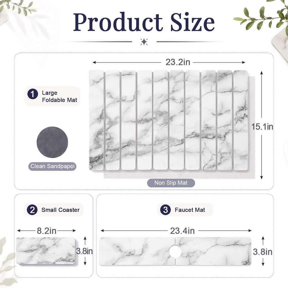 Large Stone Dish Drying Mat Set for Kitchen Counter White Marble