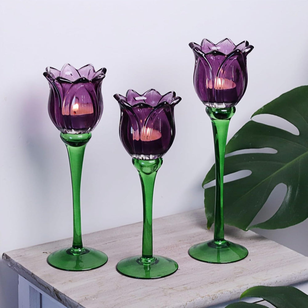 VOHO Purple Tulip Tealight Candle Holder Set of 3, Halloween Candle Holder