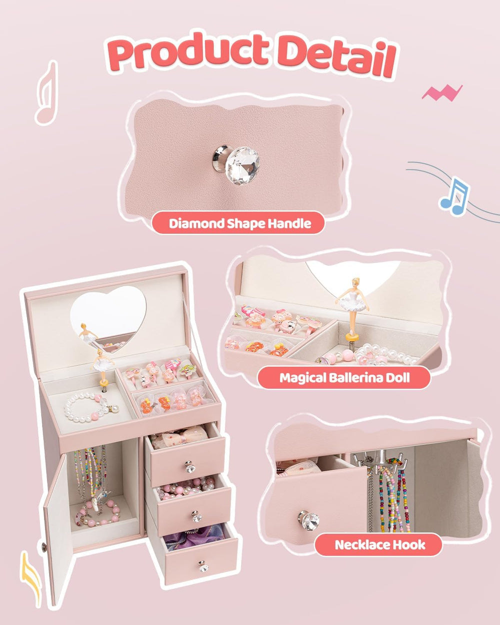 VLANDO 4 Layer Musical Jewelry Box, 3 Drawers Storage and Necklace Hook