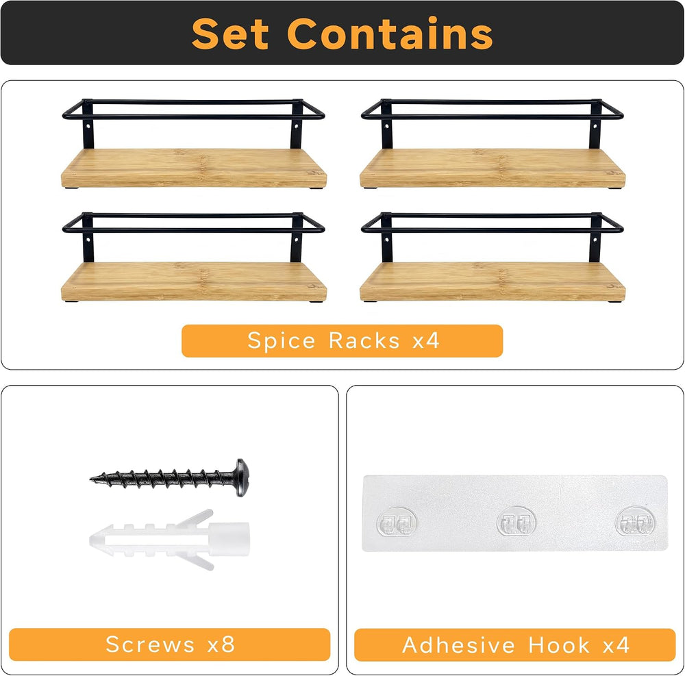 4-Tier Wall Mount Spice Rack Organizer- Screw/Adhesive Mount, Black Metal &am...