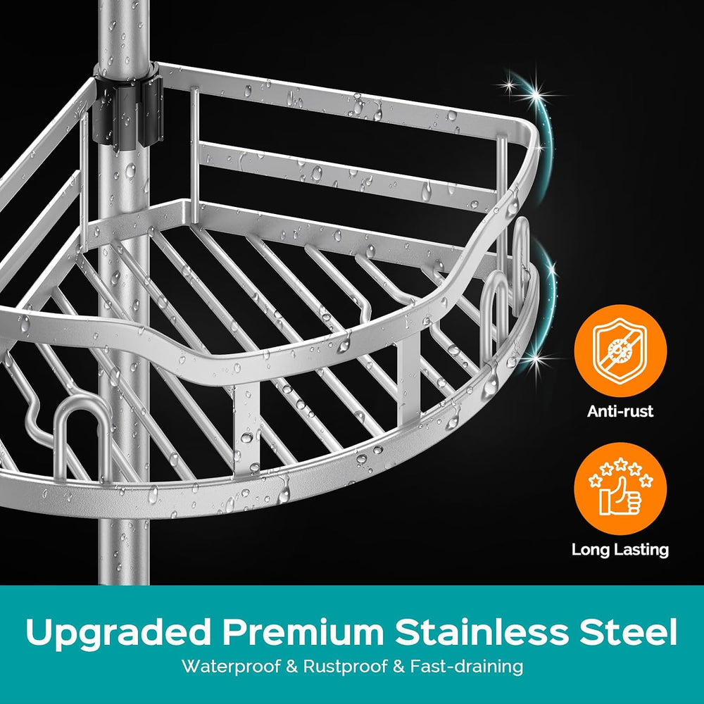 HAMITOR Corner Shower Caddy Tension Pole: Rustproof Stable 4-Tier Bathroom Or...