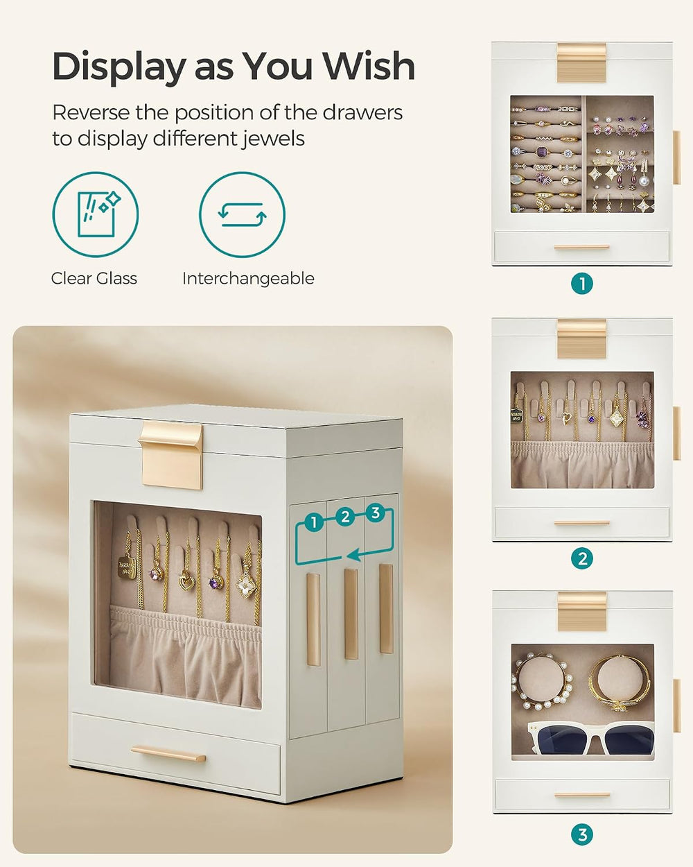 SONGMICS 5-Layer Jewelry Box with Glass Window, 3 Side Drawers