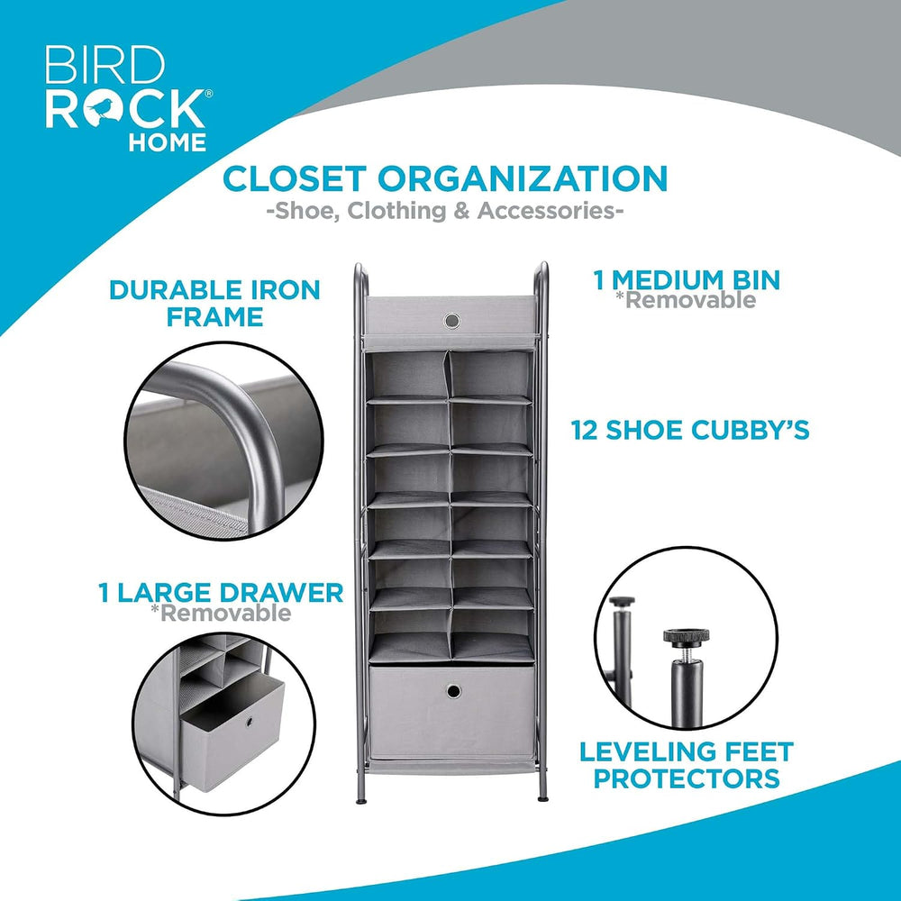 BIRDROCK HOME 12 Cubby Vertical Shoe Rack Organizer with Large Drawer - Grey ...
