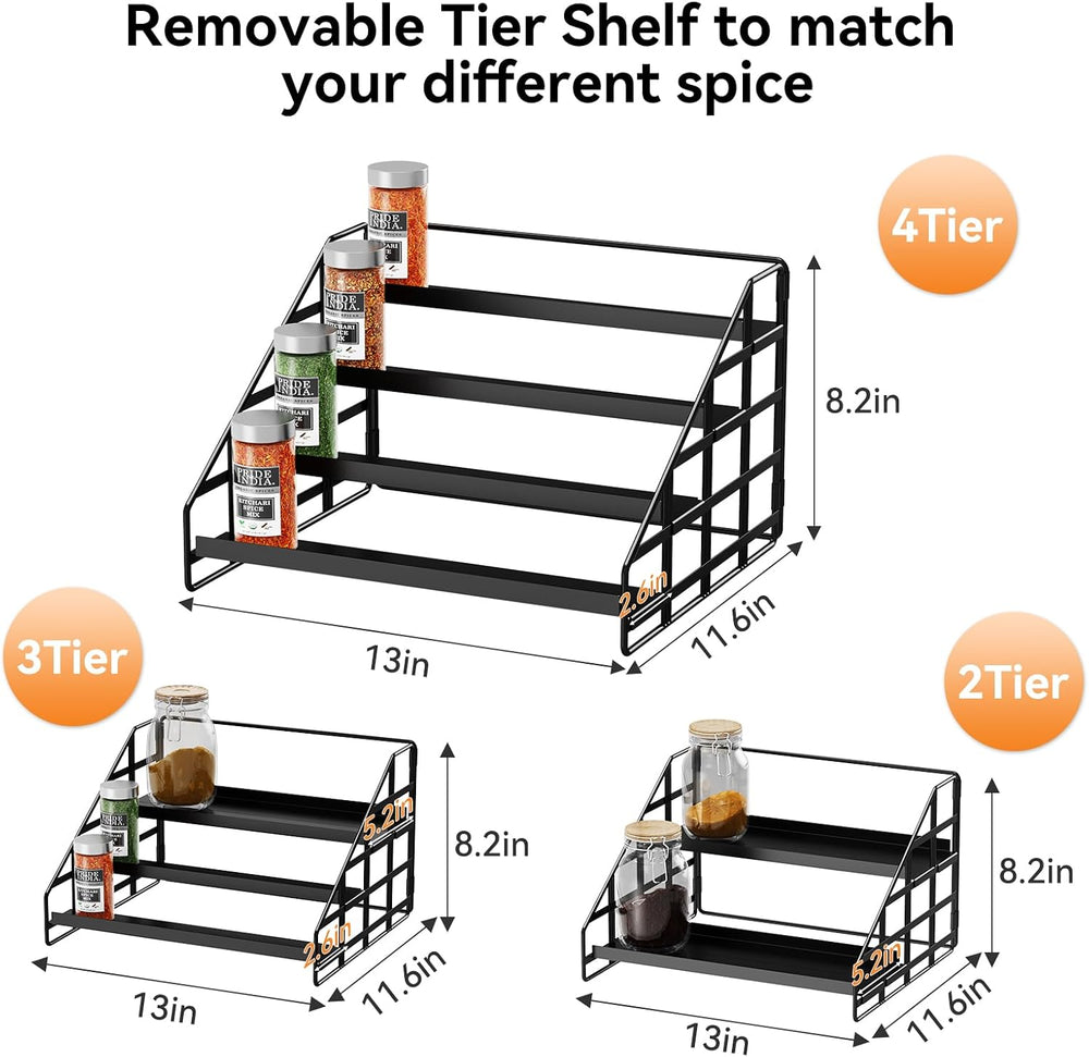 Bunoxea 4 Tier Adjustable Spice Rack for Cabinet & Countertop, Black 2Pack