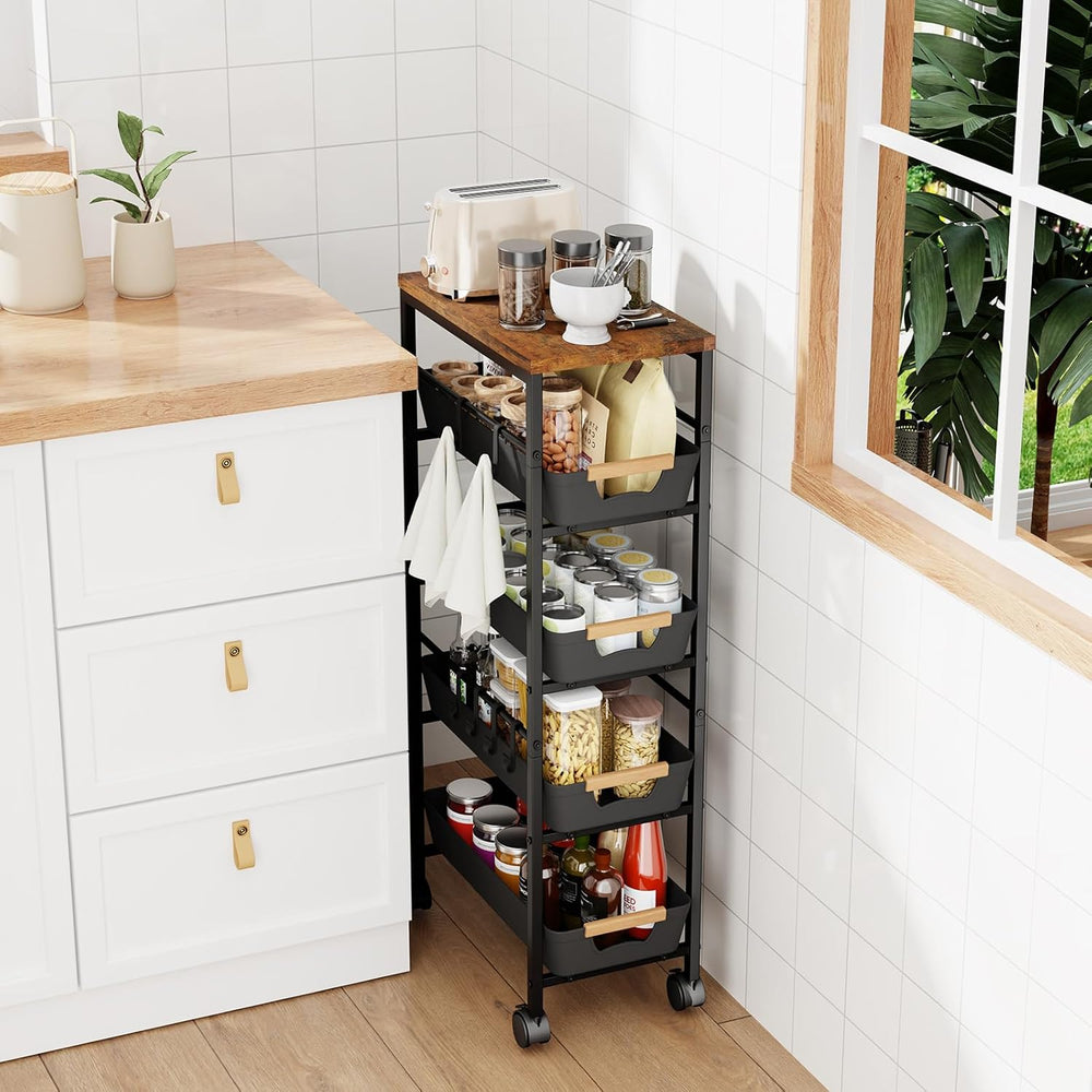 5-Tier Slim Storage Cart, Wooden Top Rolling Kitchen Cart with Pull-Out Baske...