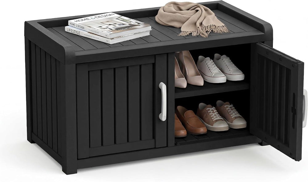 2-Tier Storage Bench, Waterproof UV-Resistant Outdoor Shoe Storage Cabinet ，O...