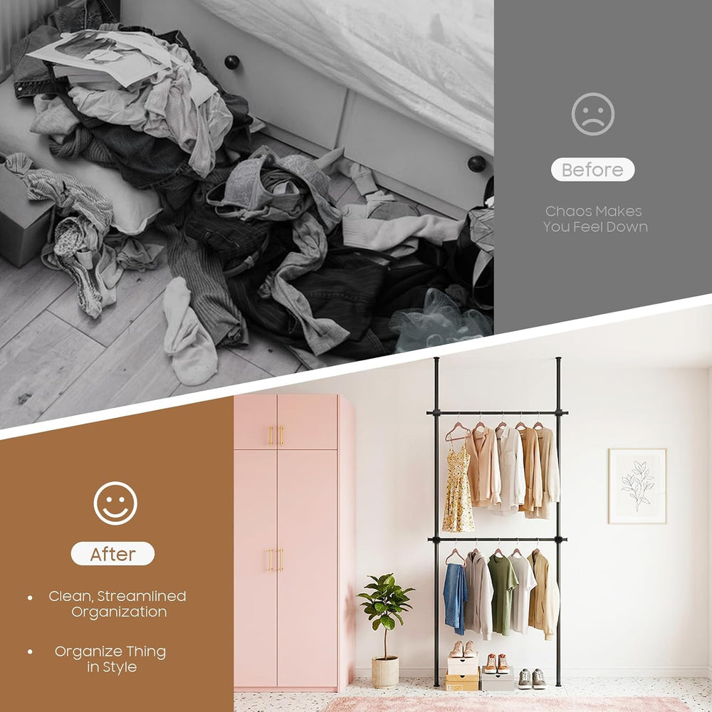 Xuthusman 2 Tier Clothes Storage Hanger Organizer Ceiling Top & Floor Met...