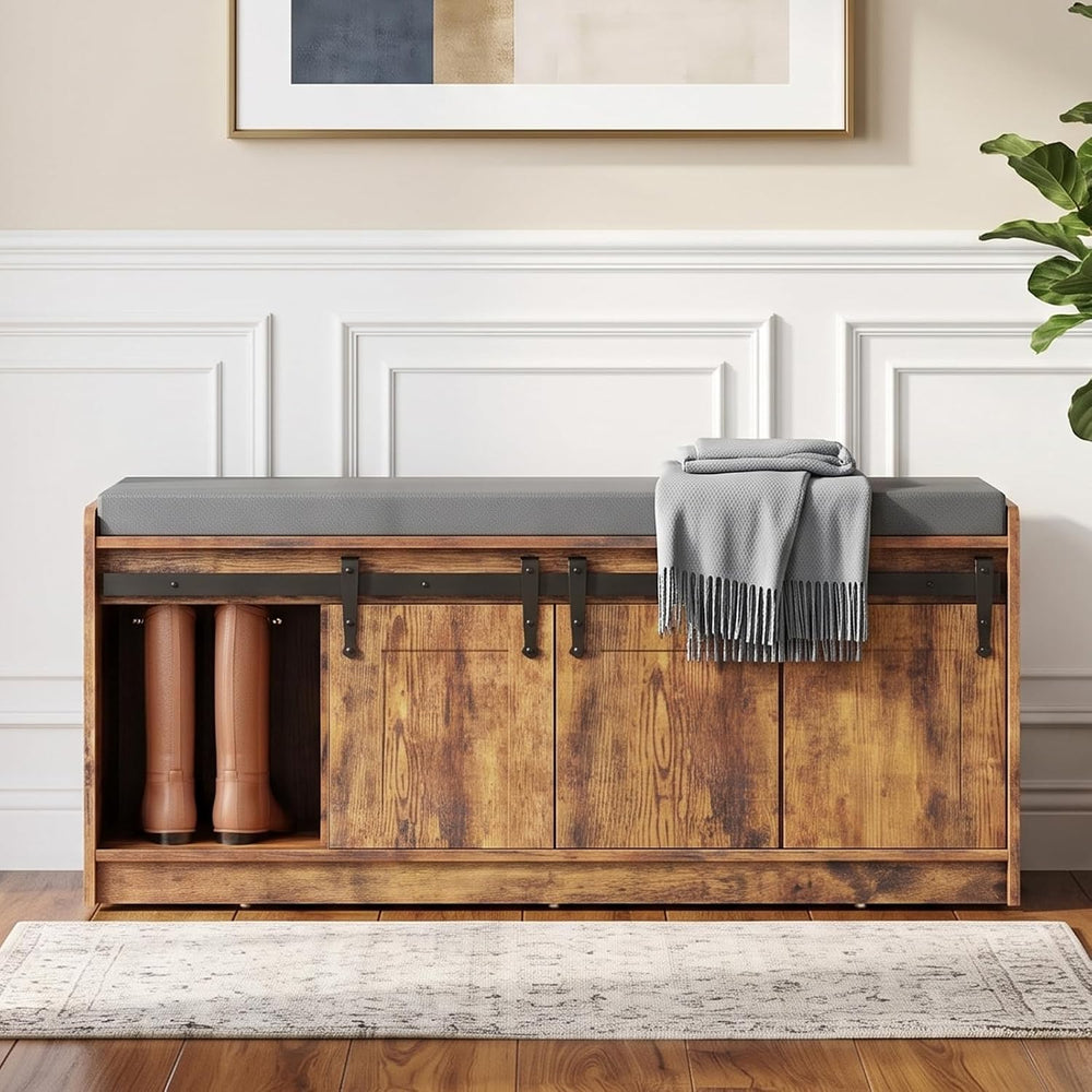 42" Farmhouse Shoe Storage Bench with Seating Cushion,for Entryway