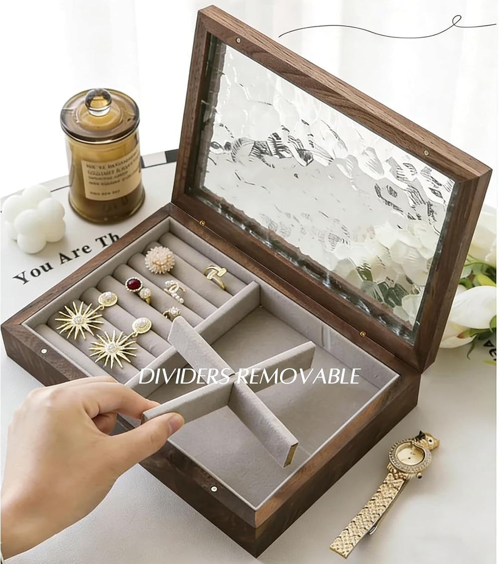 Wooden Jewelry Box with Glass Lid, Multi-Compartment Jewelry Display Case, Li...