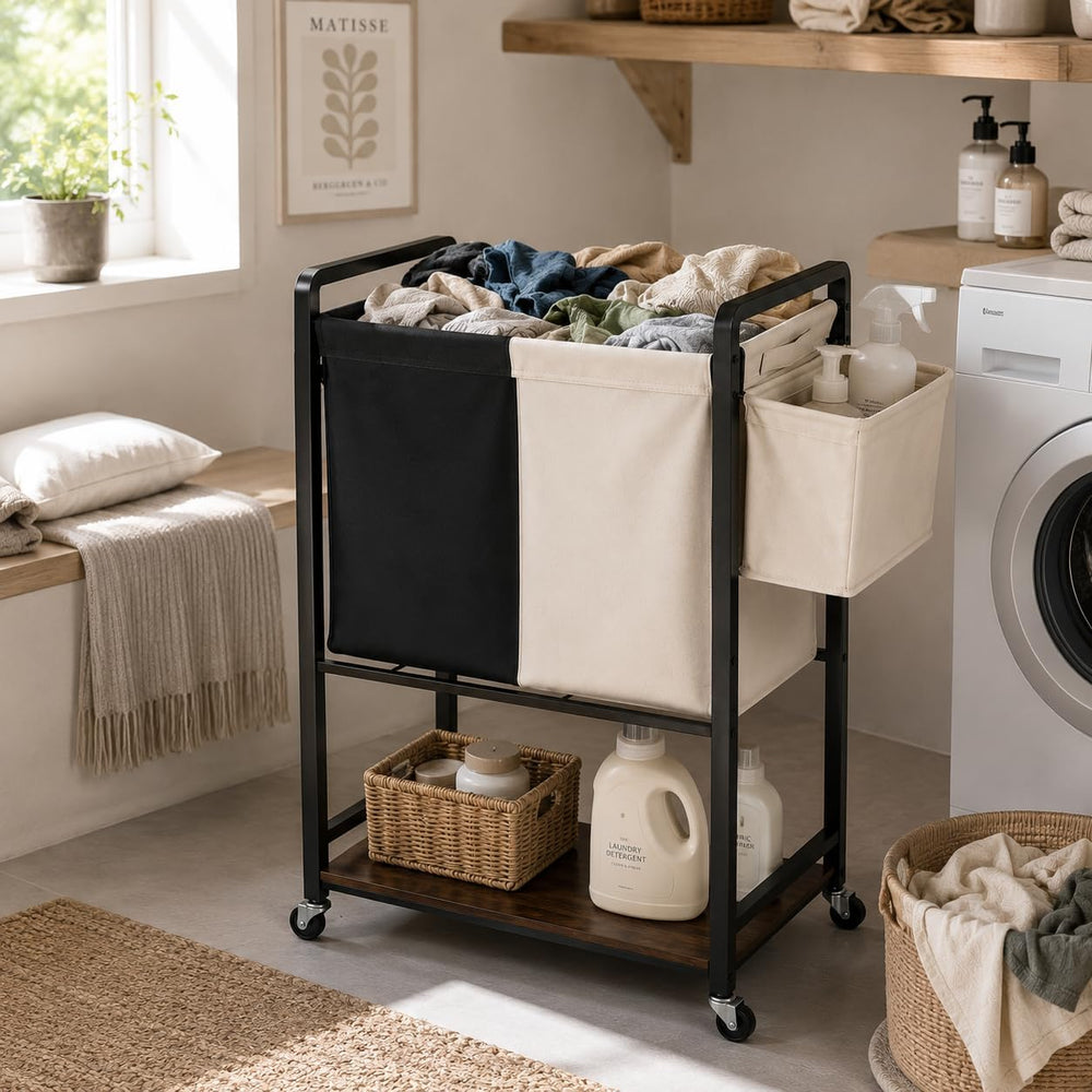 Rolling Laundry Sorter Cart with 2 Removable Bags, Double Laundry Hamper with...