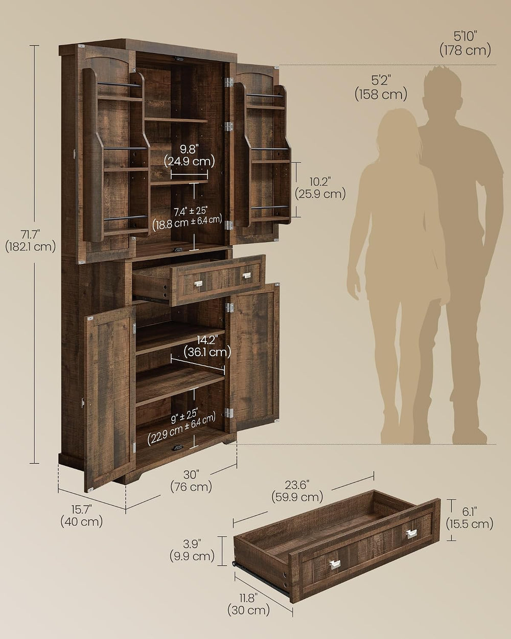 VASAGLE Pantry Cabinet, Freestanding Tall Cupboard with a Drawer