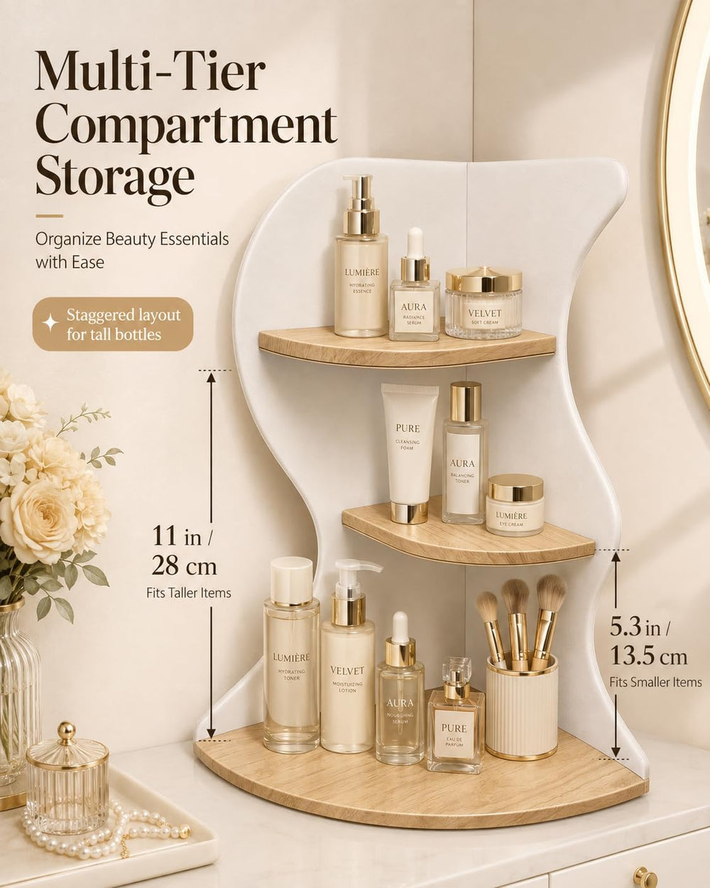 Makeup Organizer Corner Shelf, 3 Tier Vanity Rack, Space Saving Stand