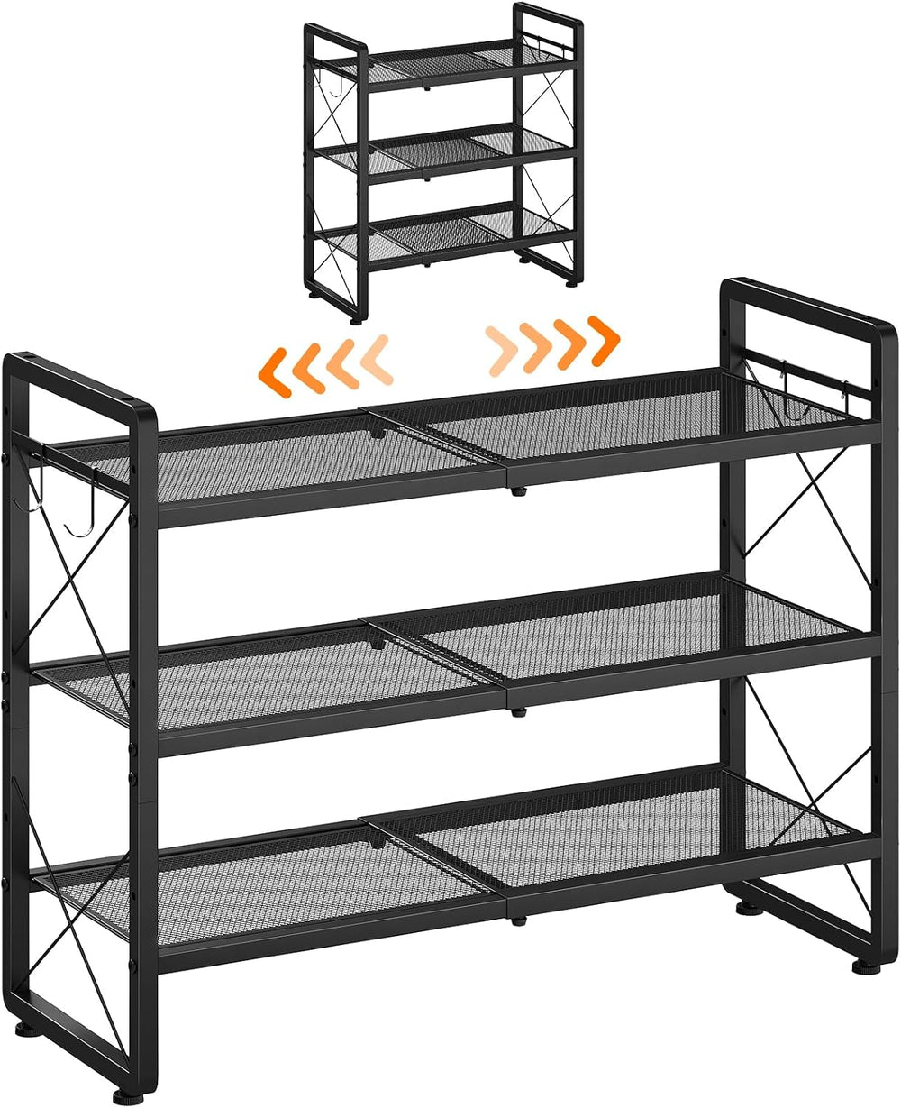 ELYKEN Expandable Shoe Rack for Closet, 3-Tier Metal Black Shoe Organizer