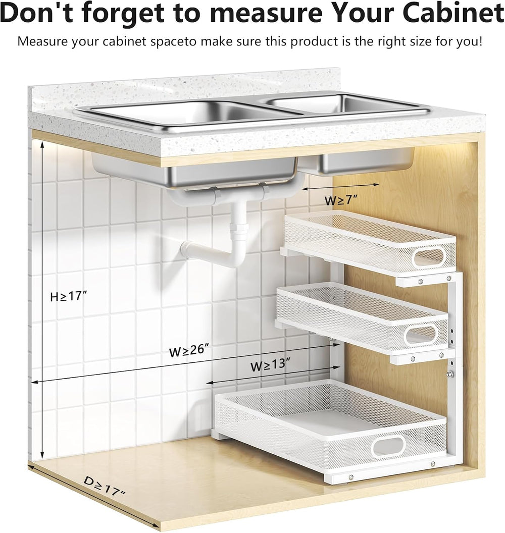 3-Tier Under Sink Organizer, Slide Out Drawer Rack, White, 2 Pack
