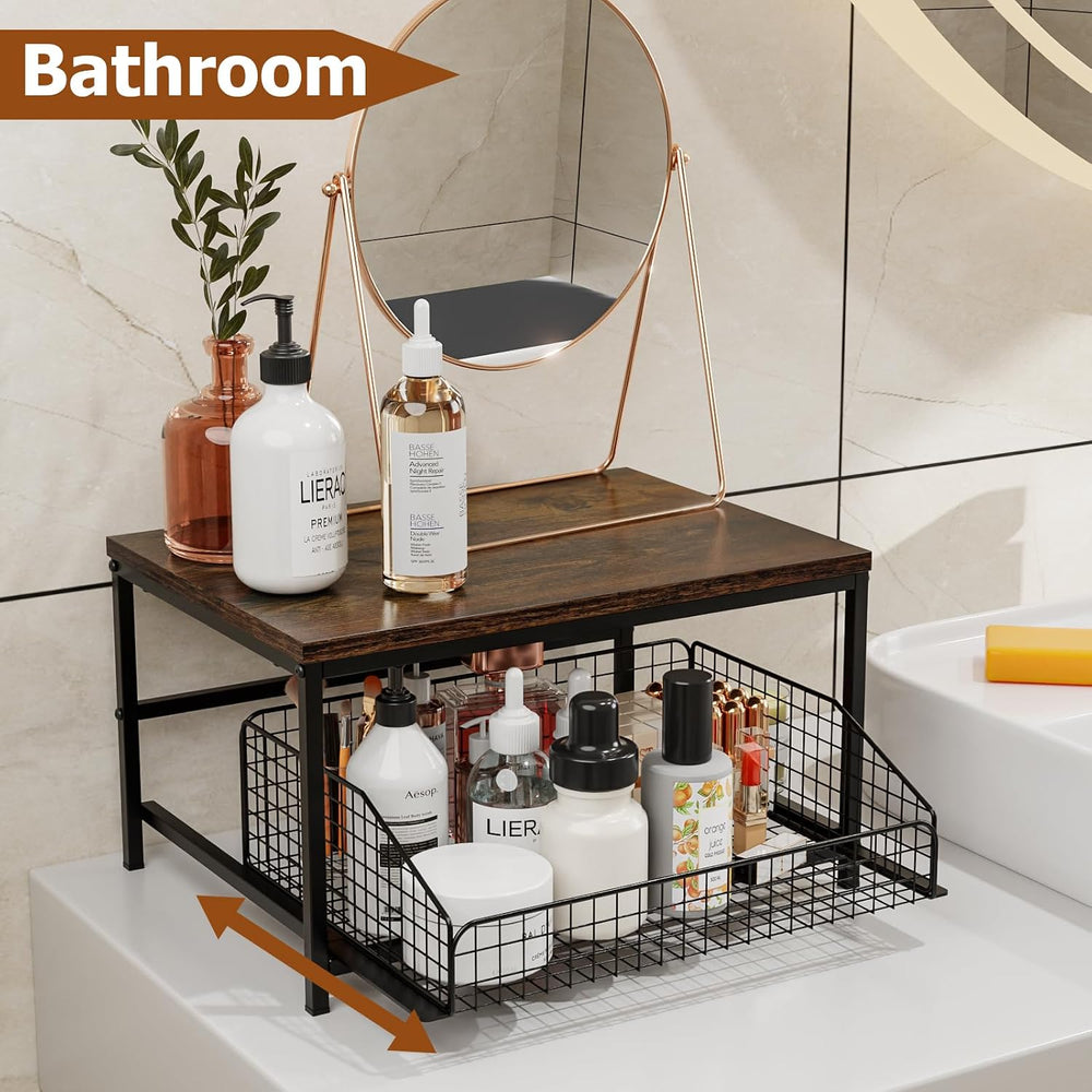 KLM Pull Out Spice Rack Organizer for Cabinet,Rustic Wood Top with Wire Baske...