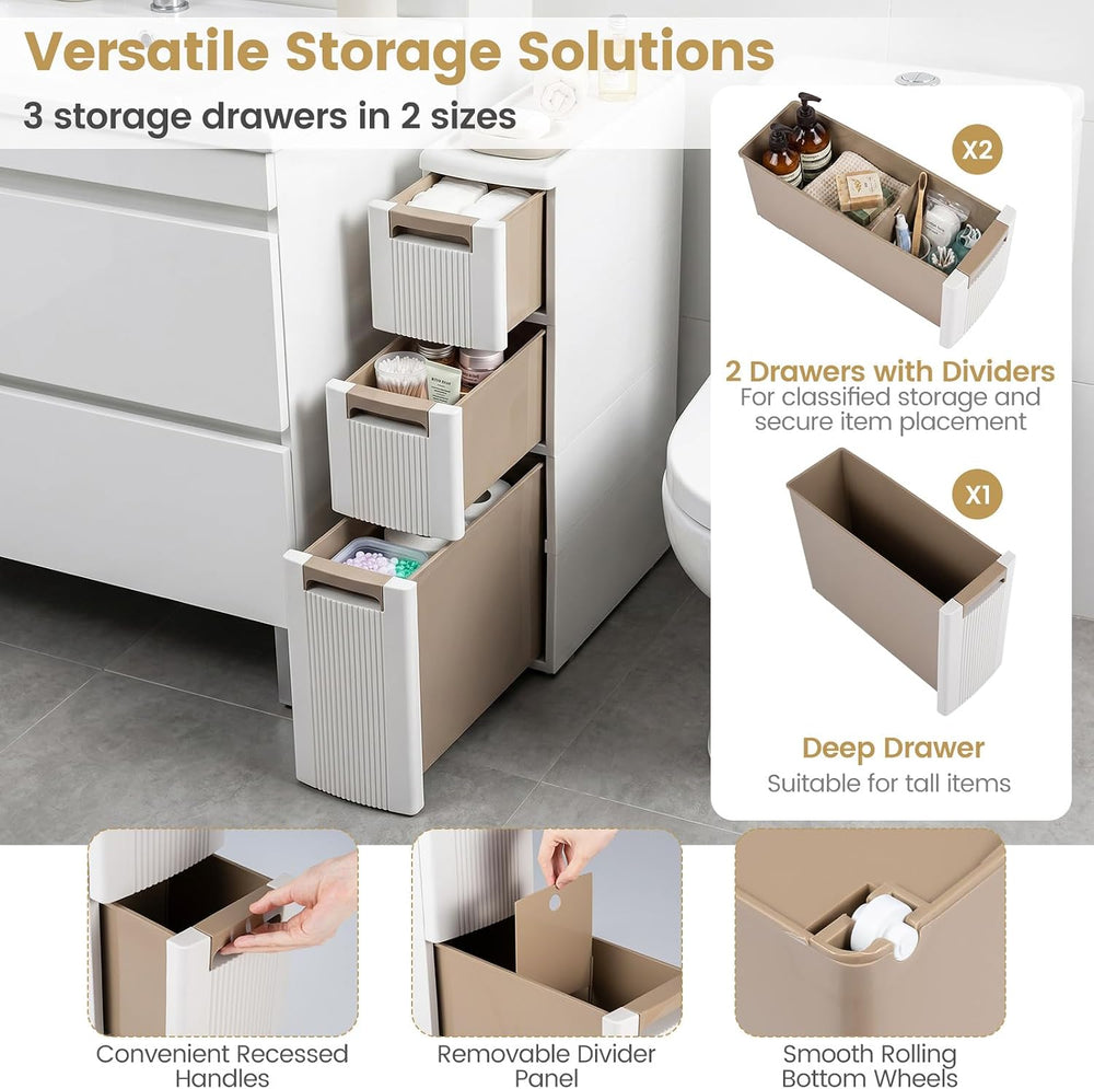 Byroce 3-Tier Narrow Storage Cabinet with Wheels, Slim Rolling Plastic Drawer...