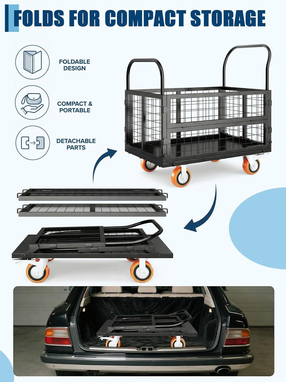 GarveeTech Platform Truck with Cage, 6-in-1 Multi-Purpose Flatbed Cart