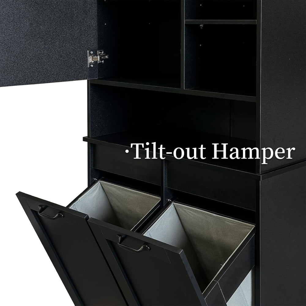 Tall Laundry Cabinet with Double Tilt Out Laundry Hamper, Freestanding Floor ...