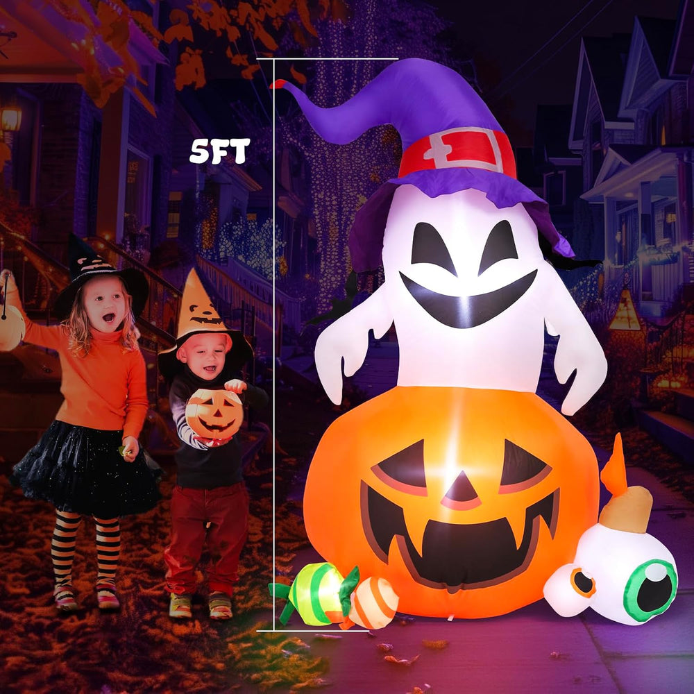 5FT Halloween Inflatable Outdoor Decoration Pumpkin Ghost with Built-in LEDs ...