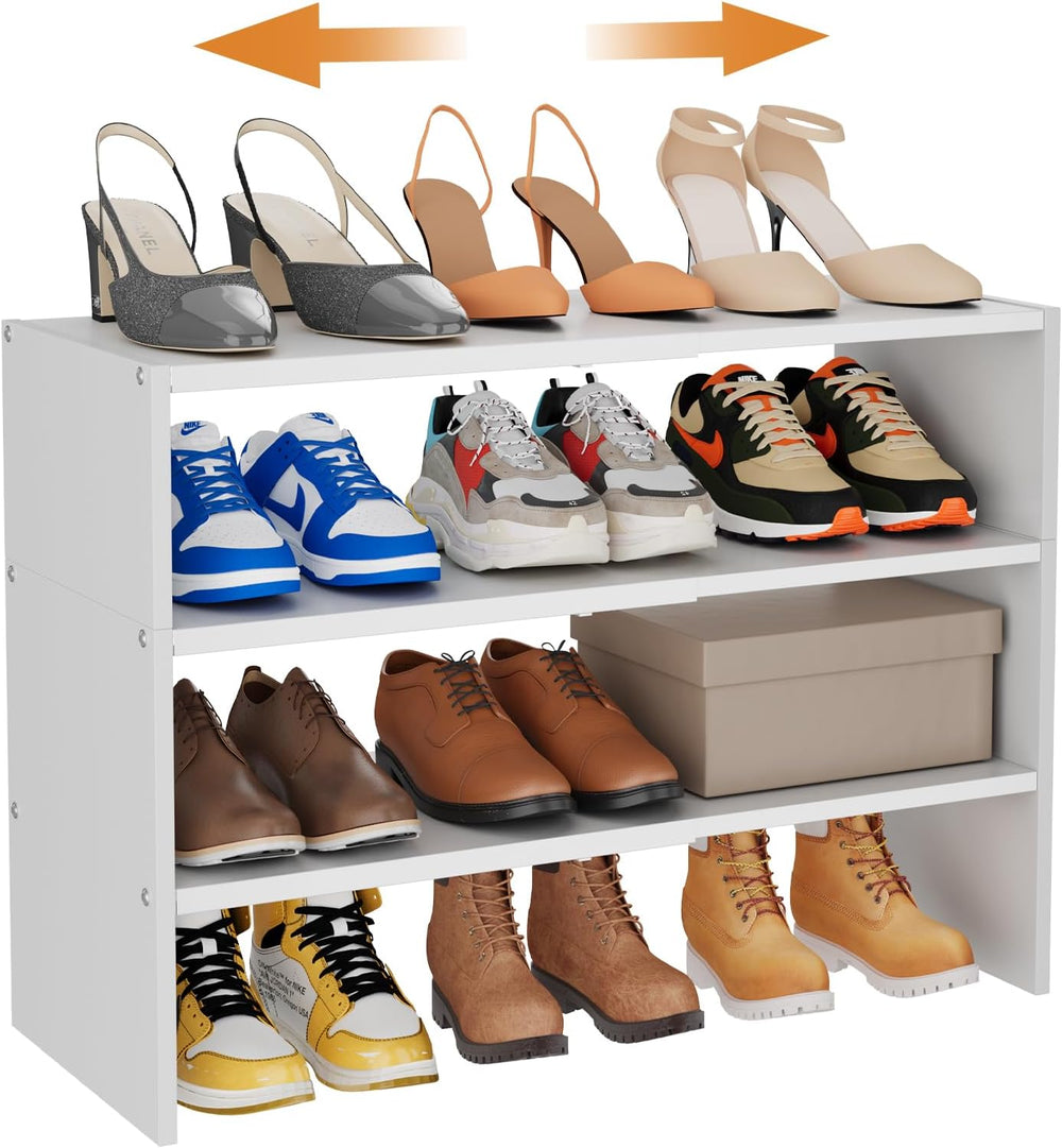 3-Tier Expandable White Shoe Rack Organizer for Closet, Stackable Shoe Racks ...