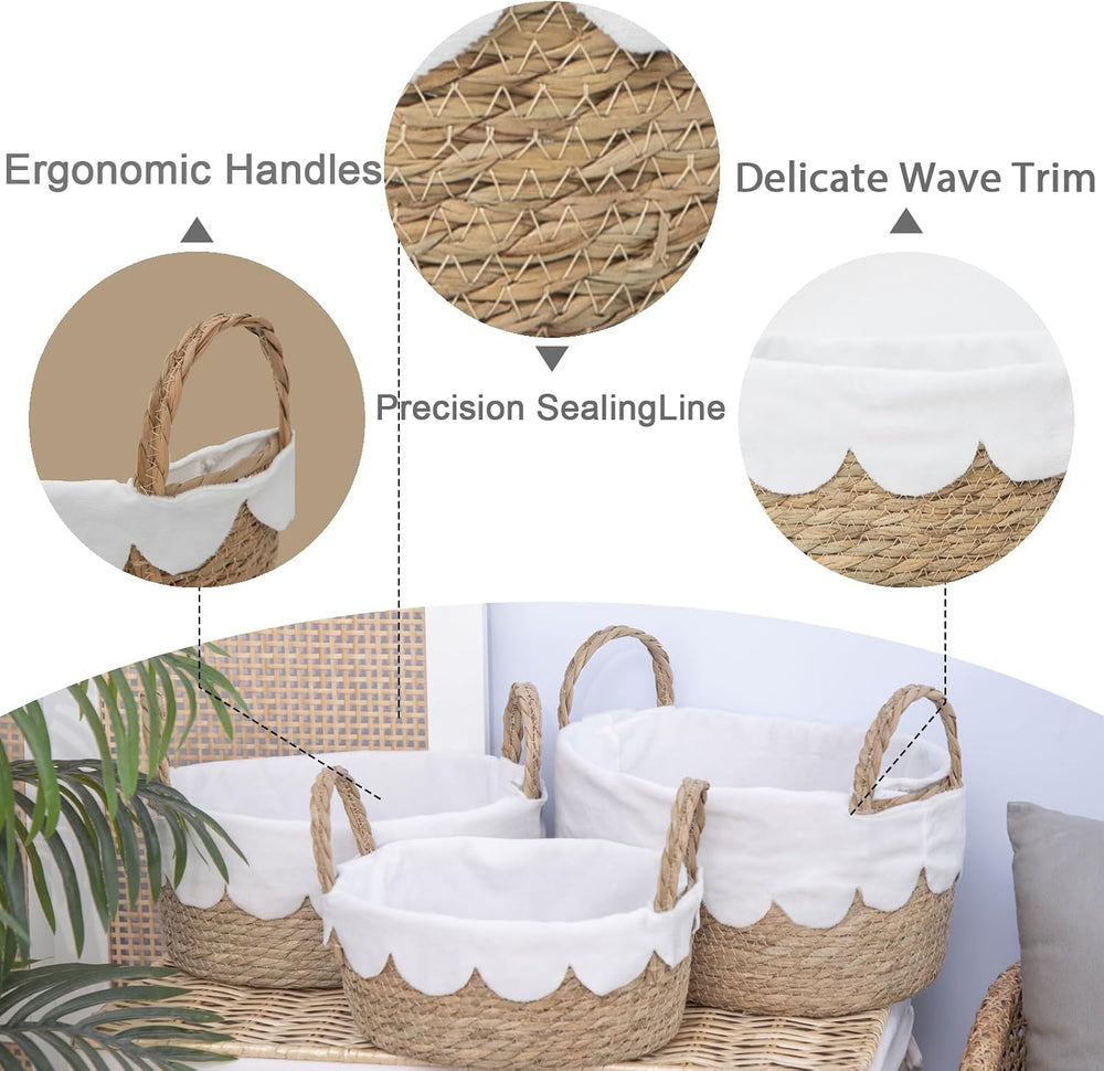Scalloped Wicker Storage basket organizing for bread,Set of 3