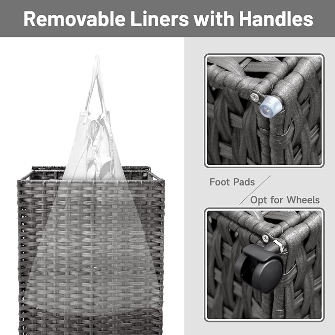 70L Slim Laundry Hamper with Lid & Wheels, 2-Park Rolling Laundry Basket ...