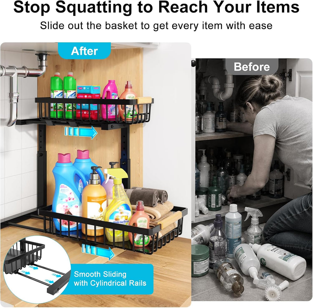 Under Sink Organizer 2 Pack,Adjustable Height 2-Tier Slide Out Drawer,Black
