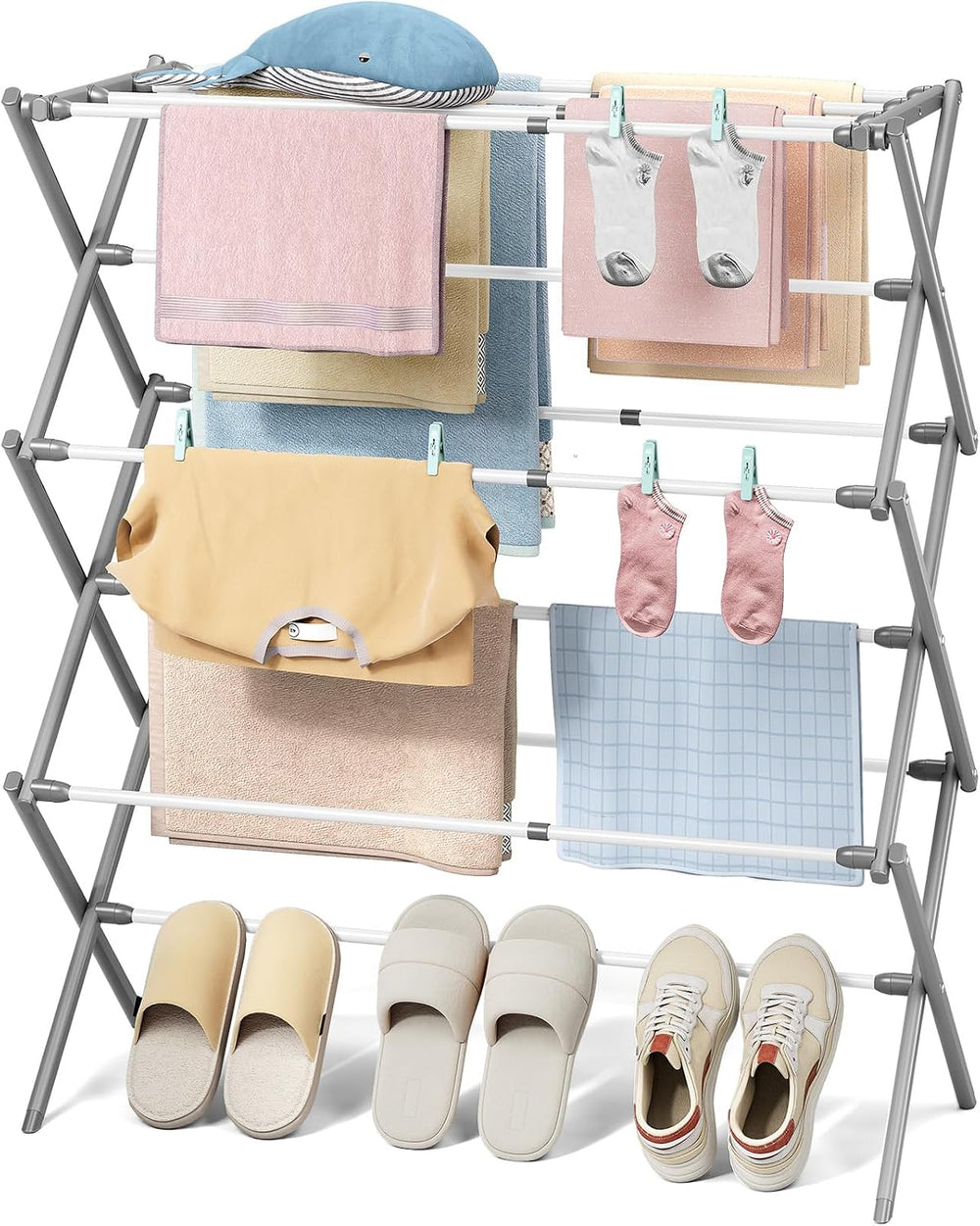 Clothes Drying Rack, 3-Tier Foldable Extendable, White & Grey
