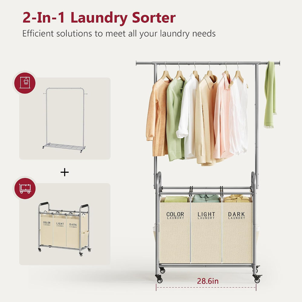 Tajsoon Laundry Hamper with Hanging Rack, Laundry Sorter 3 Section, Beige