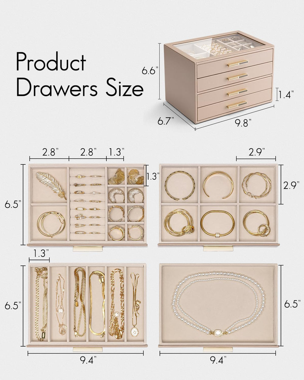 VLANDO Jewelry Box Organizer, 7-Layer Storage Drawers, Glass Window, Modern