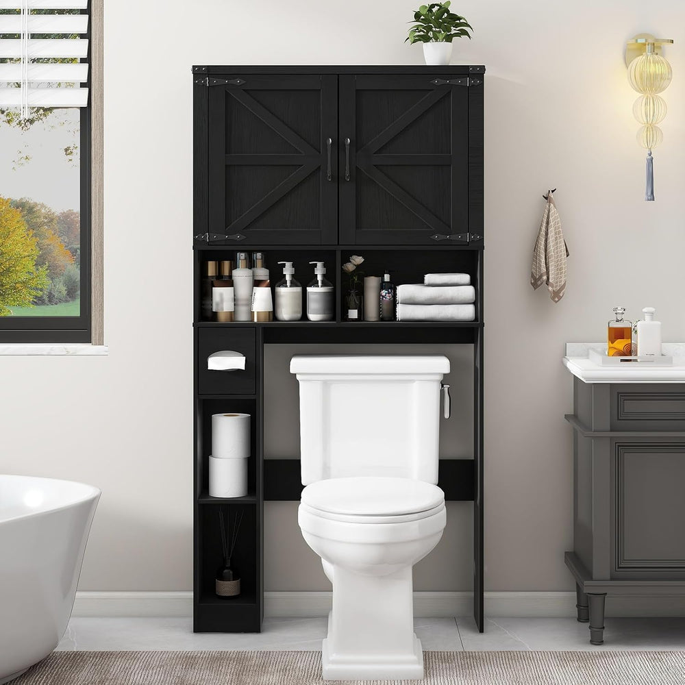 Vabches Over The Toilet Storage Cabinet with 2 Barn Doors, Pure Black