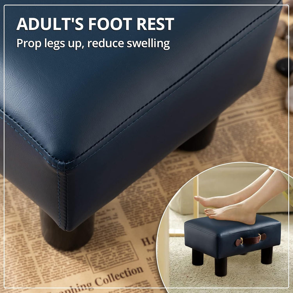 Small Foot Stool with Handle, Blue PU Leather Short Foot Stool Rest, Rectangl...