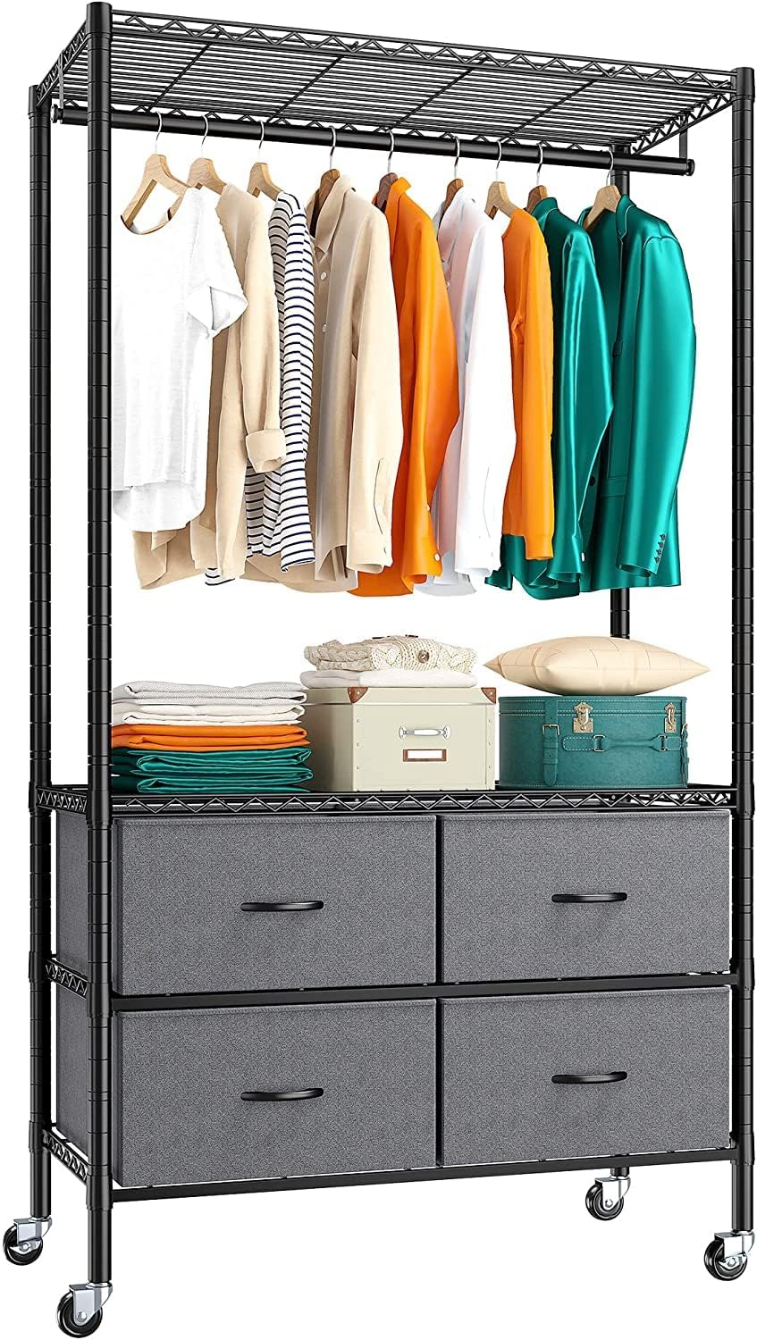 Raybee Rolling Clothes Rack, Portable Closet for Bedroom,Dorm, 4 Drawers