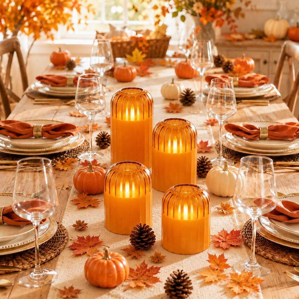 Fall Decorations for Home, Orange Glass Flameless Candles with Remote & T...