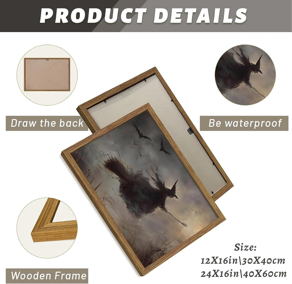 Moody Halloween Framed Wall Art Vintage Horror Flying Witch Prints 16x24 In