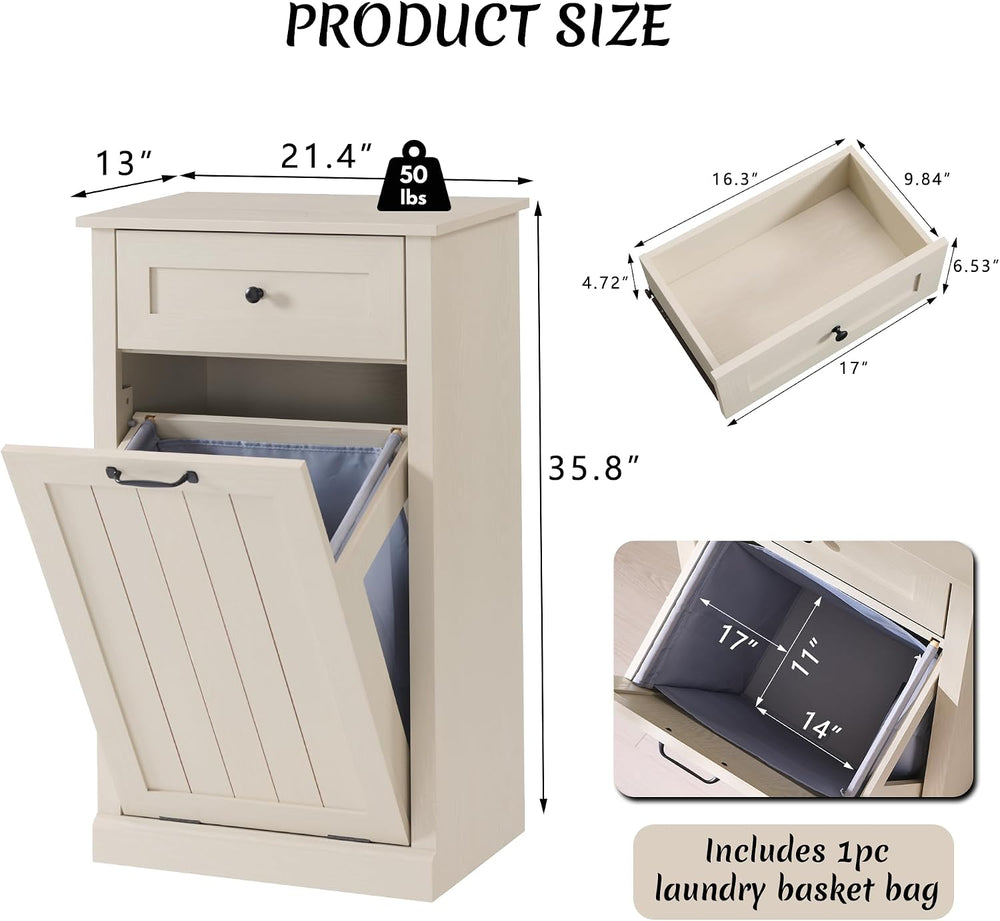 IFBUY Tilt Out Laundry Hamper Cabinet, Trash Can Cabinet, Cream