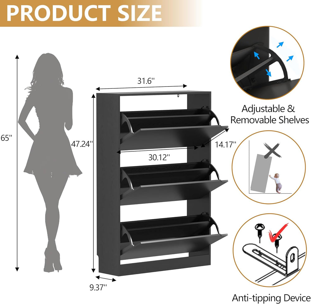 Wodeer Narrow Shoe Cabinet for Entryway, Slim Shoe Storage Cabinet with 3 Fli...
