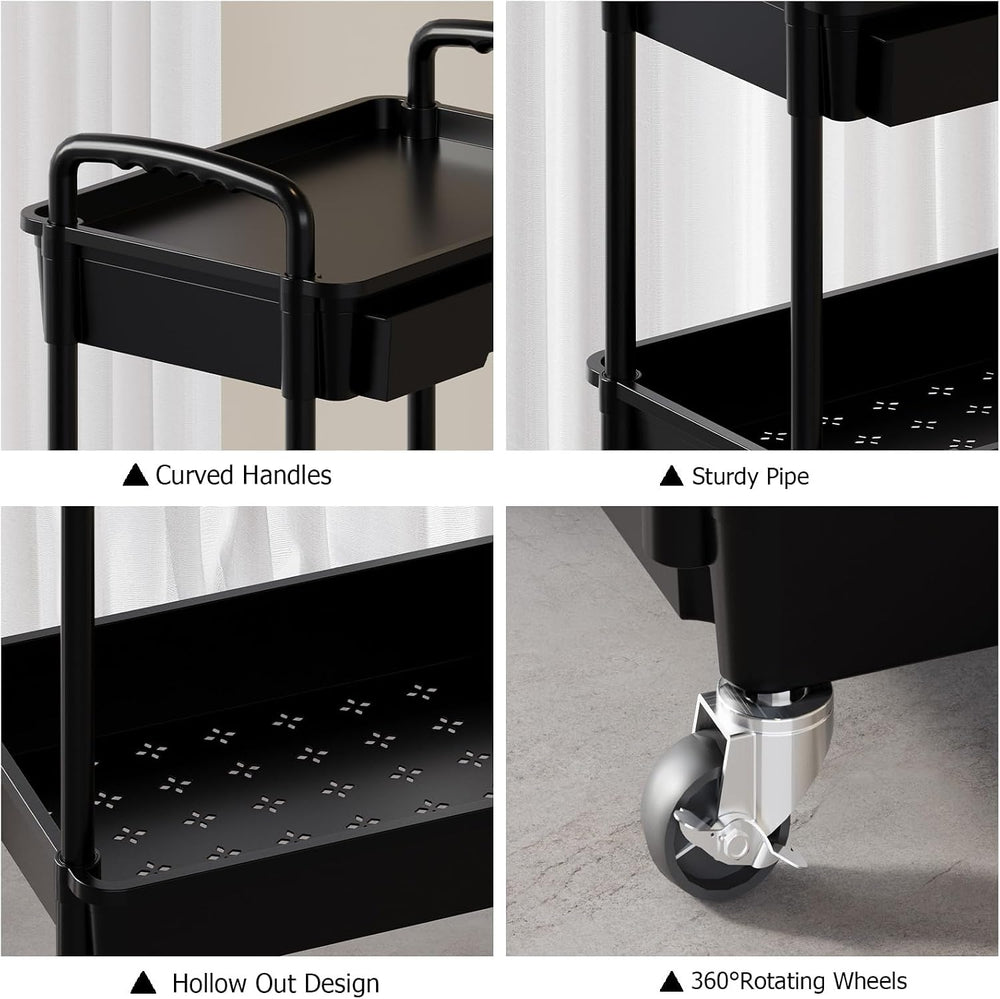 3 Tier Rolling Utility Cart with Drawer, Plastic Storage Organizer Rolling Ca...