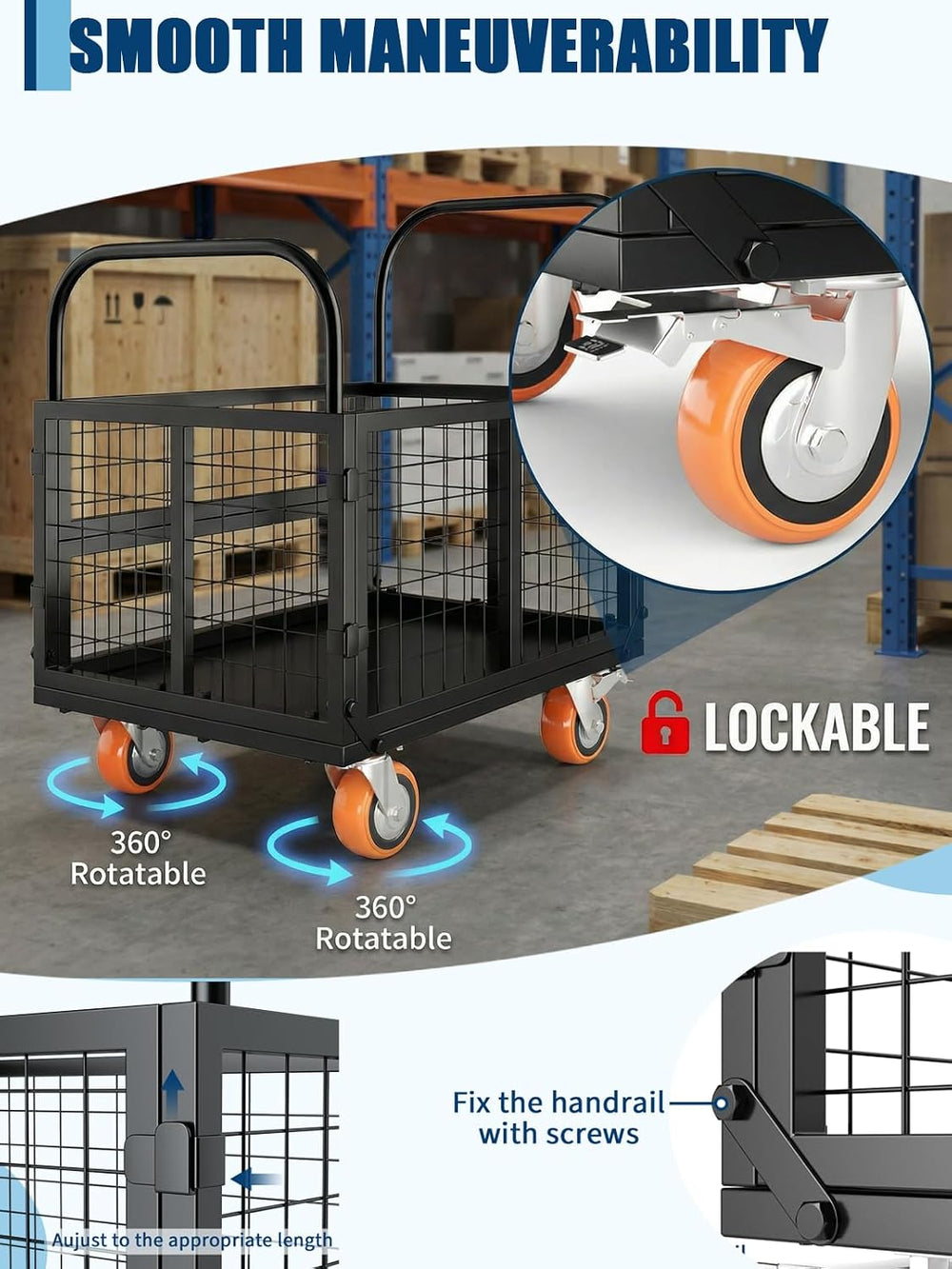 GarveeTech Platform Truck with Cage, 6-in-1 Multi-Purpose Flatbed Cart