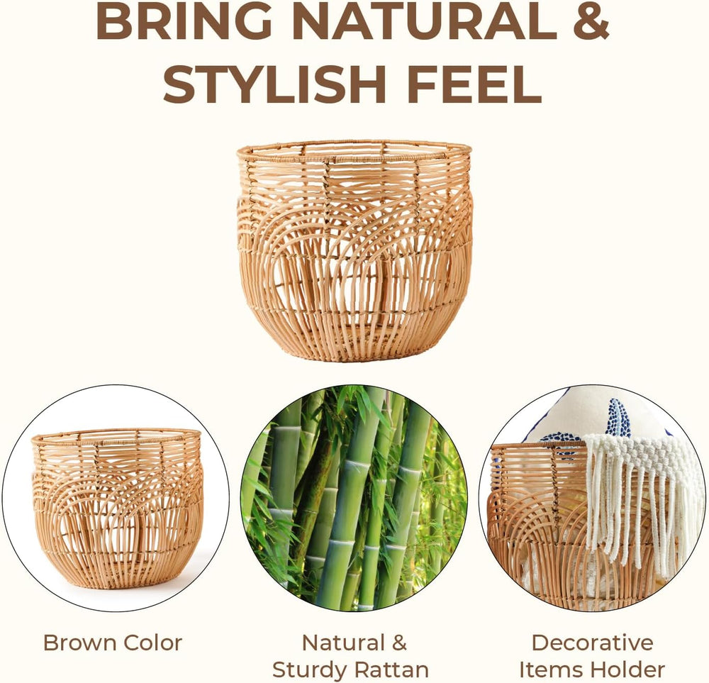 Set Of 2 Large Woven Blanket Baskets | Round Wicker Rattan Storage Floor Bask...