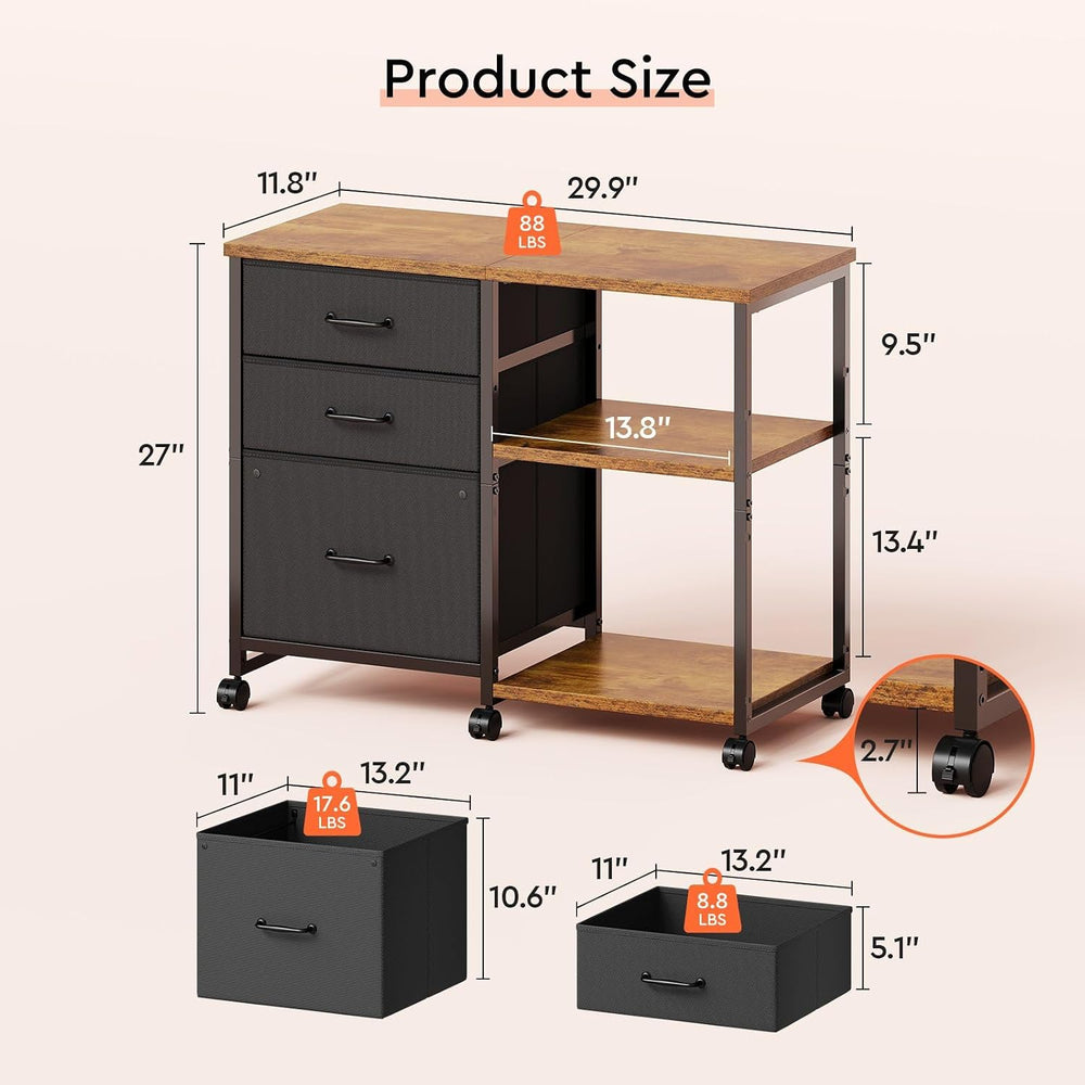 Maihail 3 Drawer File Cabinet with Wheels Rolling Printer Stand with Open Sto...