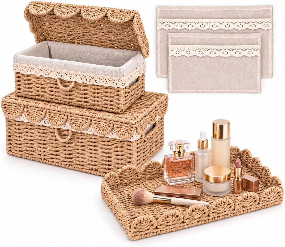 Scalloped Wicker Baskets with Lid, 2 Pack, 4 Liners, Paper Rattan