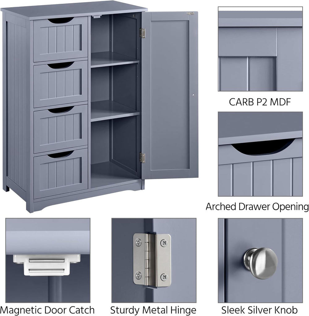 Yaheetech Bathroom Storage Cabinet with 4 Beadboard Drawers and Door, Gray